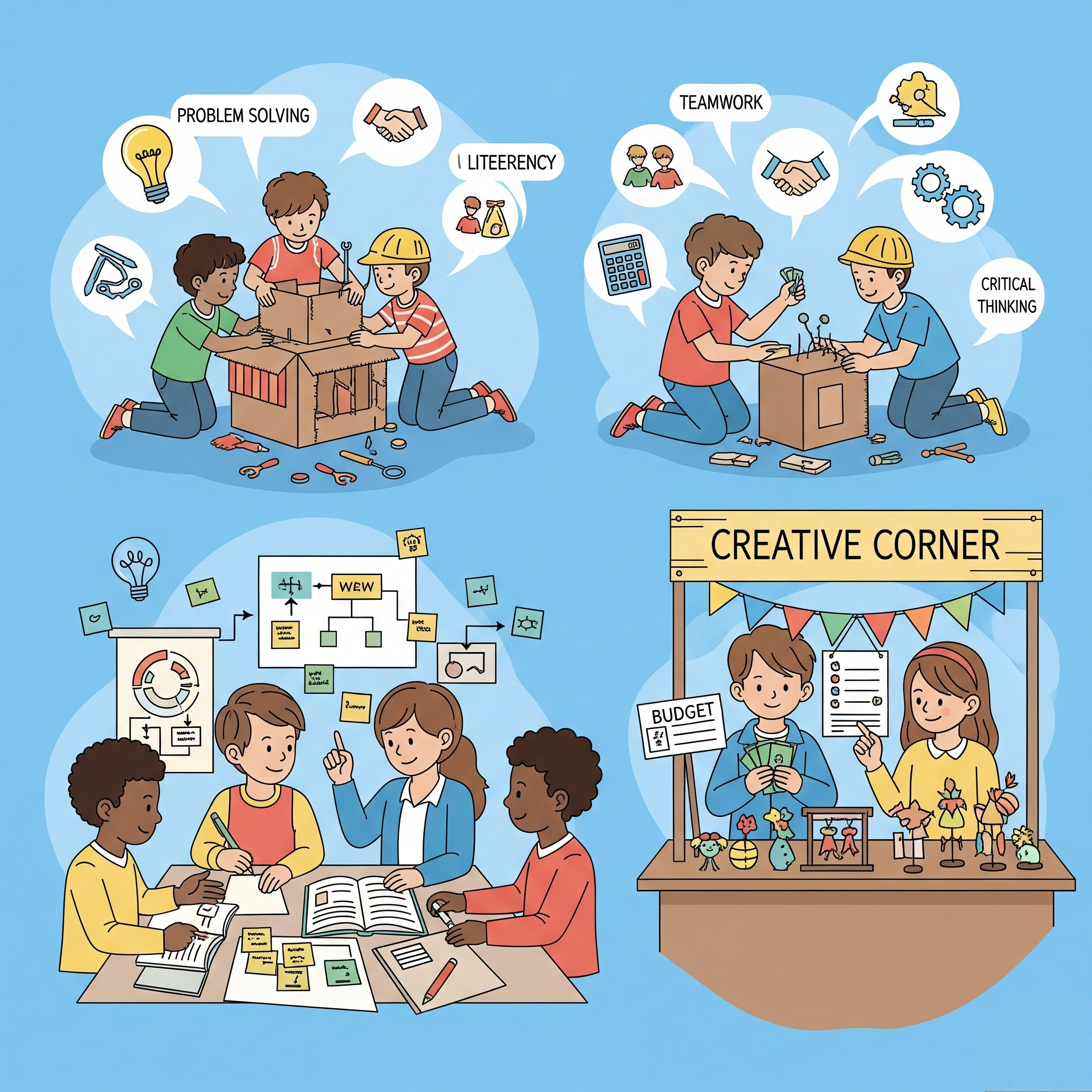 Kids in collaboration with their peers are learning real life skills such as teamwork, problem solving, creative thinkng,